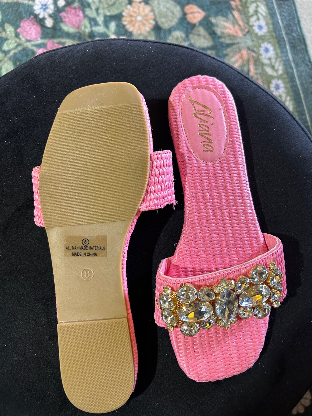 Liliana Hot Pink Jeweled Woven Slide Sandals - Picture 4 of 5